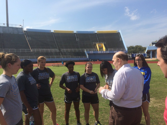 LSU Women's Soccer Team and Skip Bertman