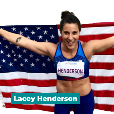 headshot of lacey henderson holding an american flag behind her