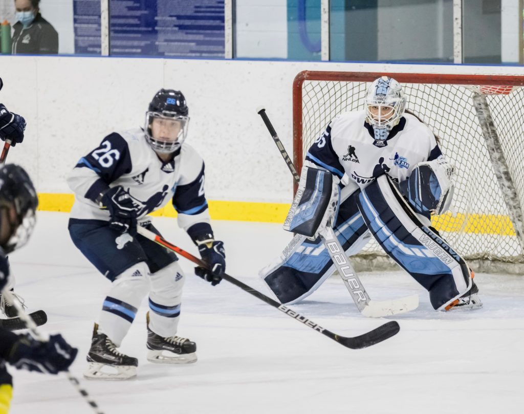 A defender is in front of Terra, who is in goal during an ice hockey game