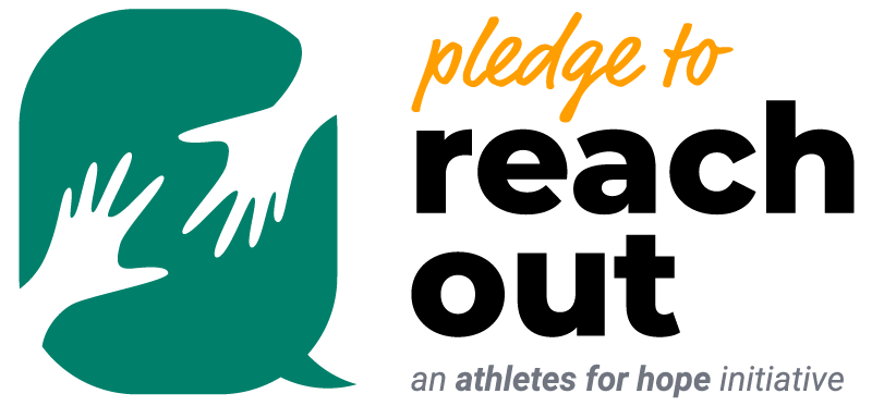 Green speech bubble that has two hands reaching towards one another. text is to the right of the speech bubble graphic and reads "pledge to reach out: an athletes for hope initiative."