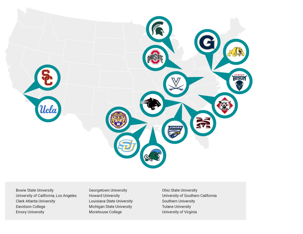 Map of the United States with all AFH U schools marked with their school logo. 