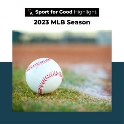 Image of a baseball on the grass part of a baseball field with a title that reads" Sport for Good Highlight: 2023 MLB Season"