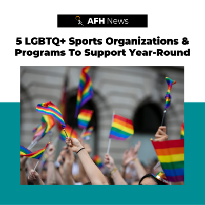 Photo of hands holding up Pride flags with text that reads "5 LGBTQ+ Sports Organizations & Programs To Support Year-Round"