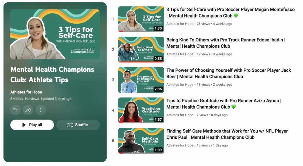 Screenshot of Mental Health Champions Club Athlete Tips playlist on YouTube. 