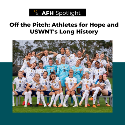 Text reads "AFH Spotlight, Off the Pitch:Athletes for Hope and USWNT's Long History" with an image of the USWNT.