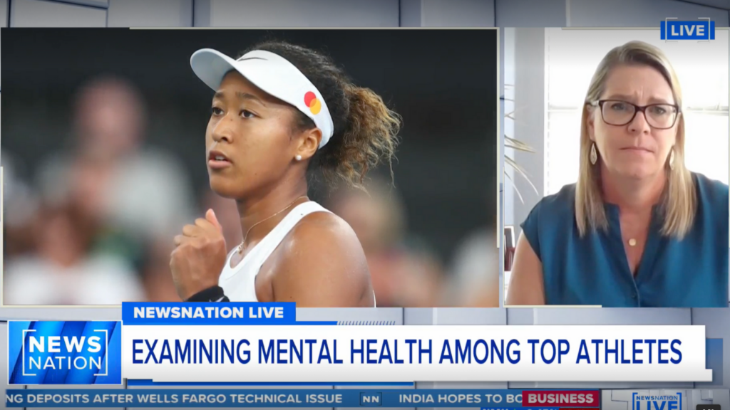 photo of AFH Chief Wellbeing Officer Suzanne Potts and Pro tennis player Naomi Osaka during the live news segment "Examining Mental Health Among Top Athletes"
