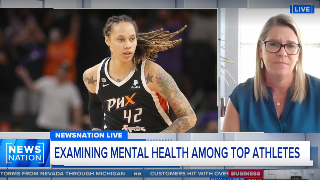 photo of AFH Chief Wellbeing Officer Suzanne Potts and WNBA player Britney Griner during the live news segment "Examining Mental Health Among Top Athletes"