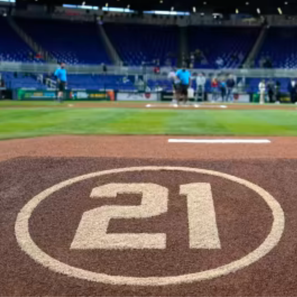 A number 21 is painted onto the field for Roberto Clemente Day 2023.
