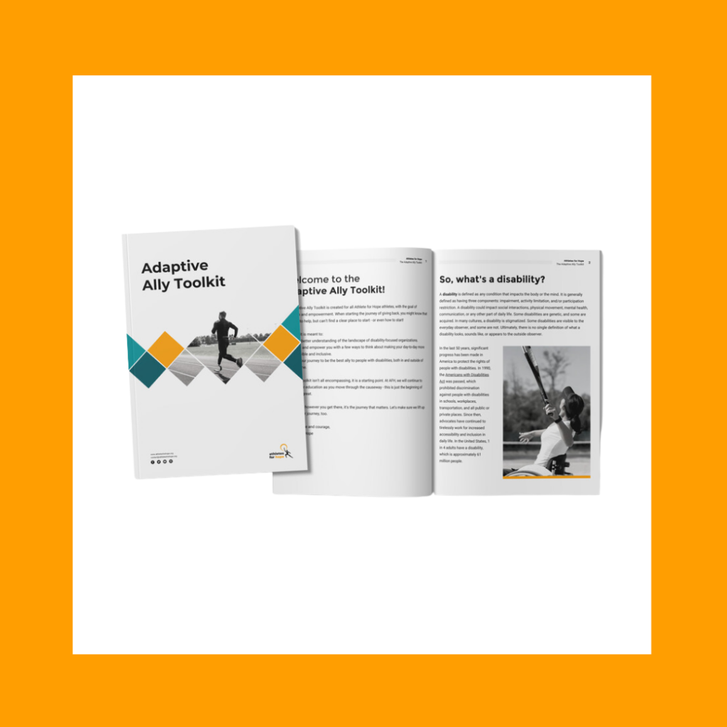 Mock up of the Adaptive Ally Toolkit with the cover on the left and an interior spread on the right. The background is yellow and white.