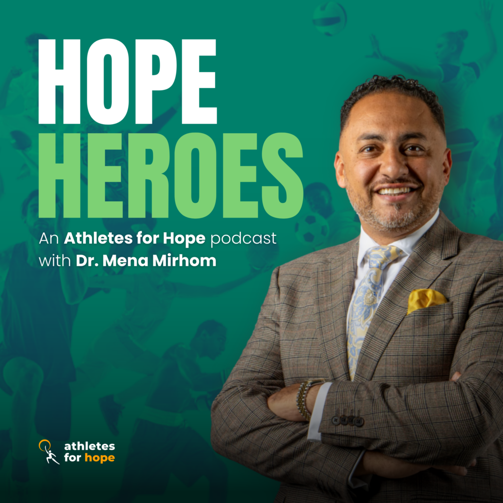 Hope Heroes with a photo of Dr. Mena Mirhom, smiling and crossing his arms. He's wearing a brown suit,